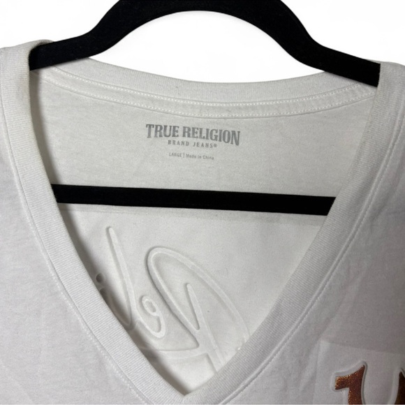 True Religion White V-Neck Logo Tee | Iridescent Graphic | Size Large - Picture 4 of 7